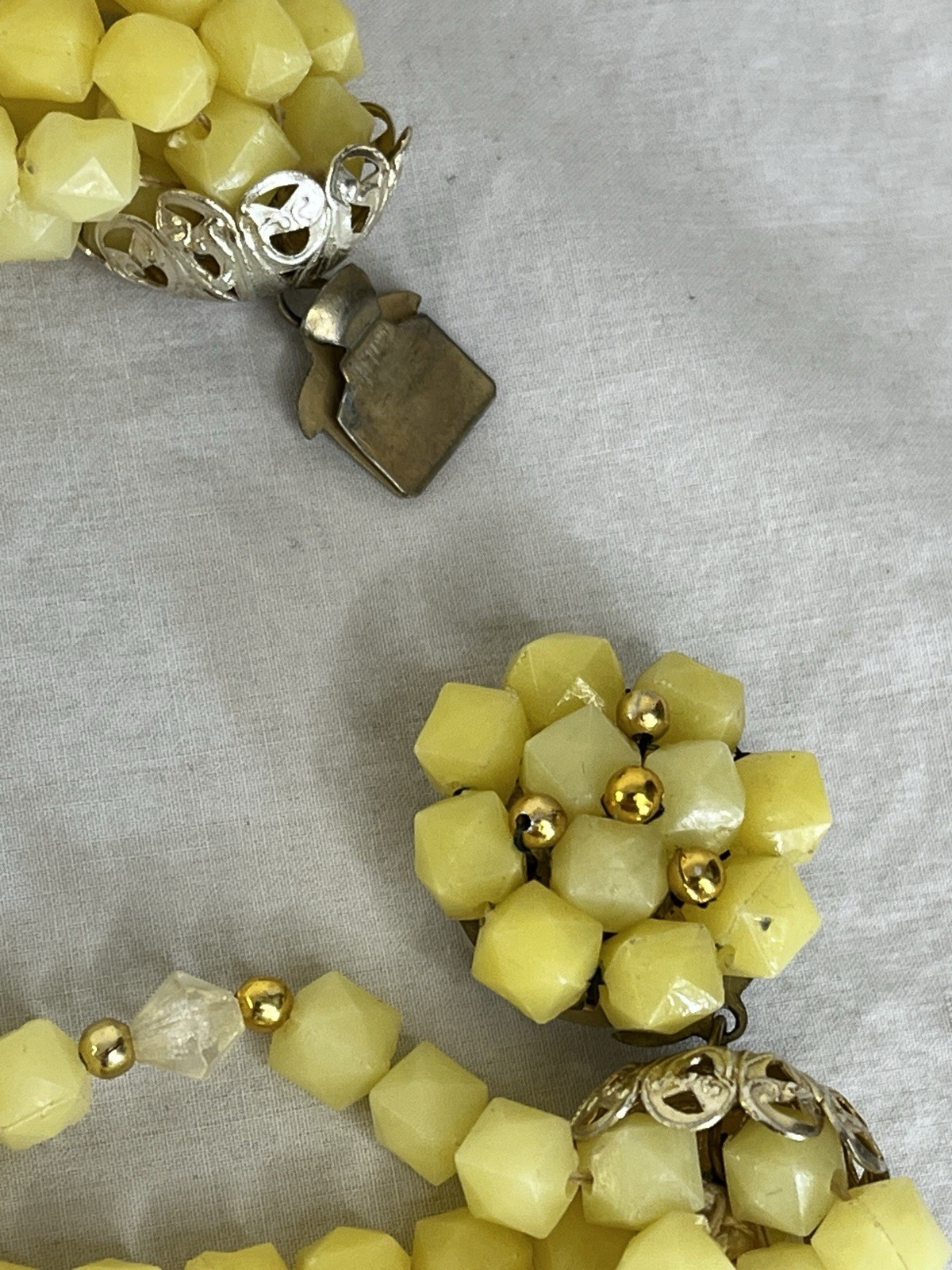 Hong Kong Yellow Beaded Necklace and Clip On Earrings Set Seven Strand Necklace