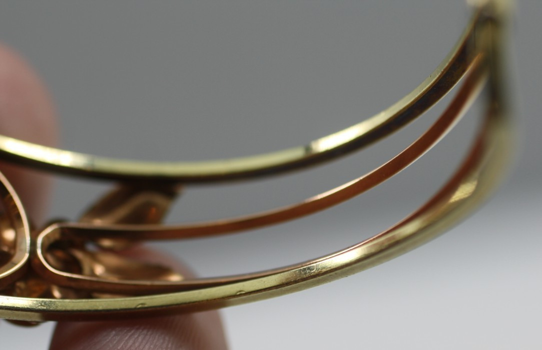 Vintage roses & yellow gold tone/ plate leafy filigree cuff bangle bracelet