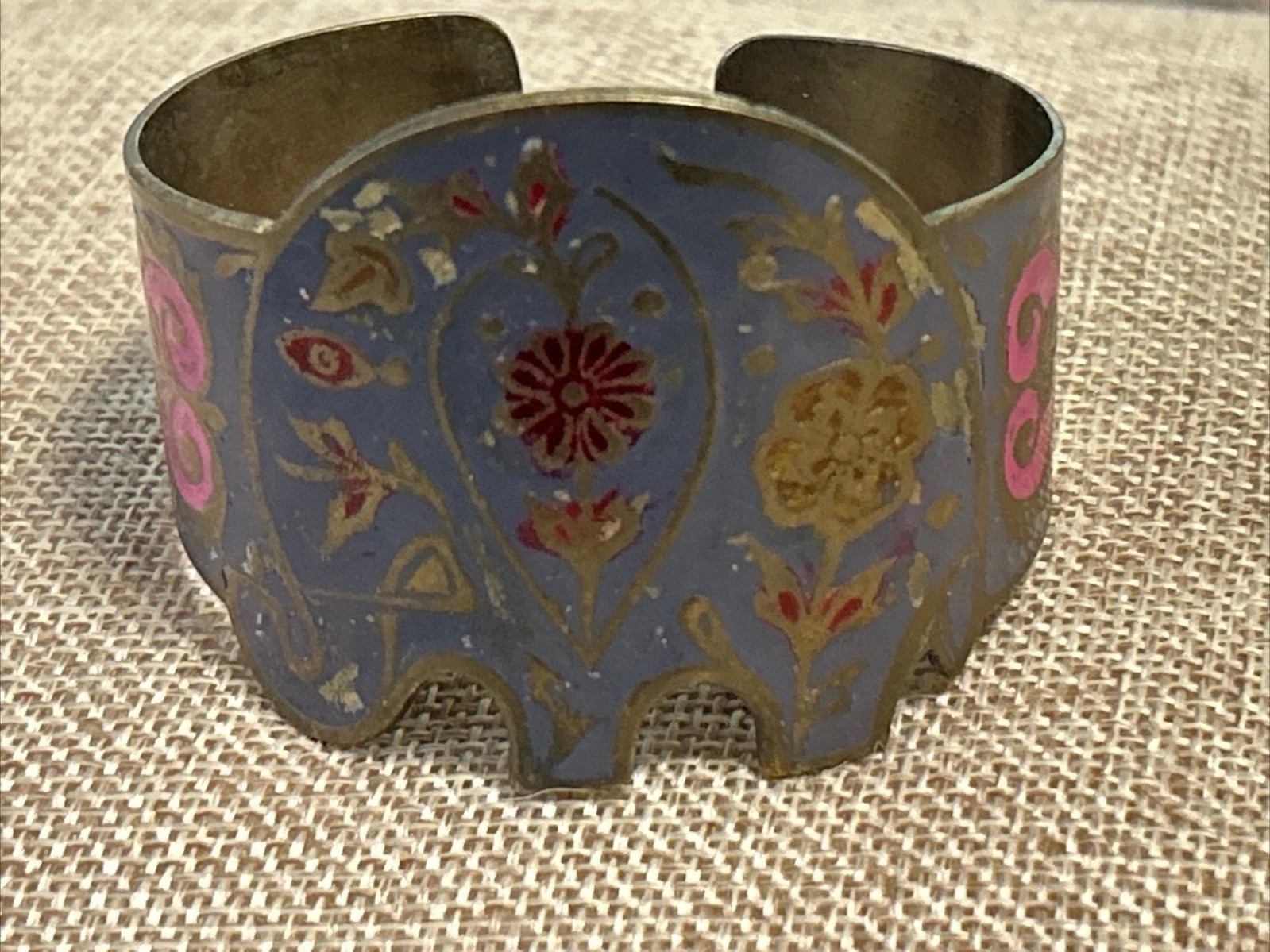Vintage India Brass Enamel Painted Cuff Bracelet Elephant Floral Boho Blue VTG