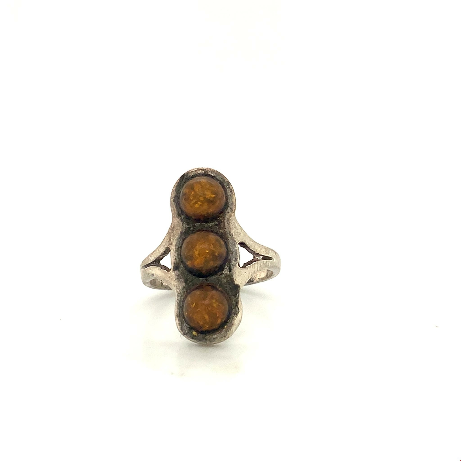 Vintage Sterling Elongated Bezel Cabochon Three Amber Stone Band Ring size 6 1/2