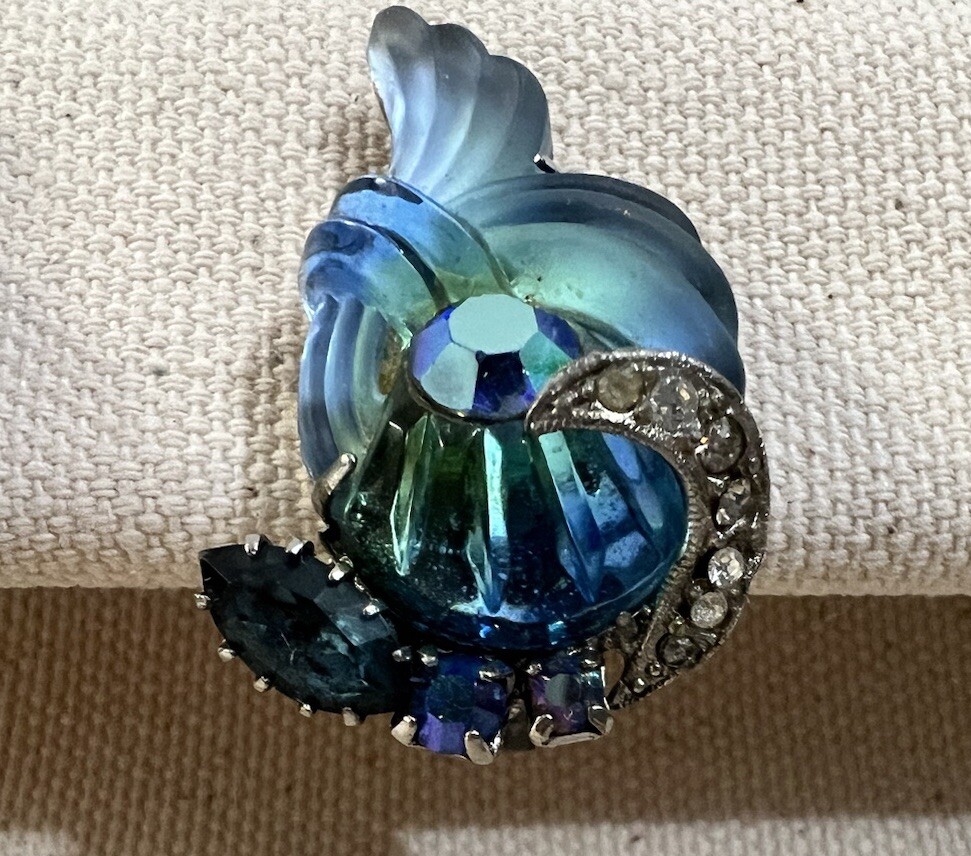 Vintage 1960s Signed EDLEE Cornucopia Molded Art Glass Blue Rhinestone Earrings