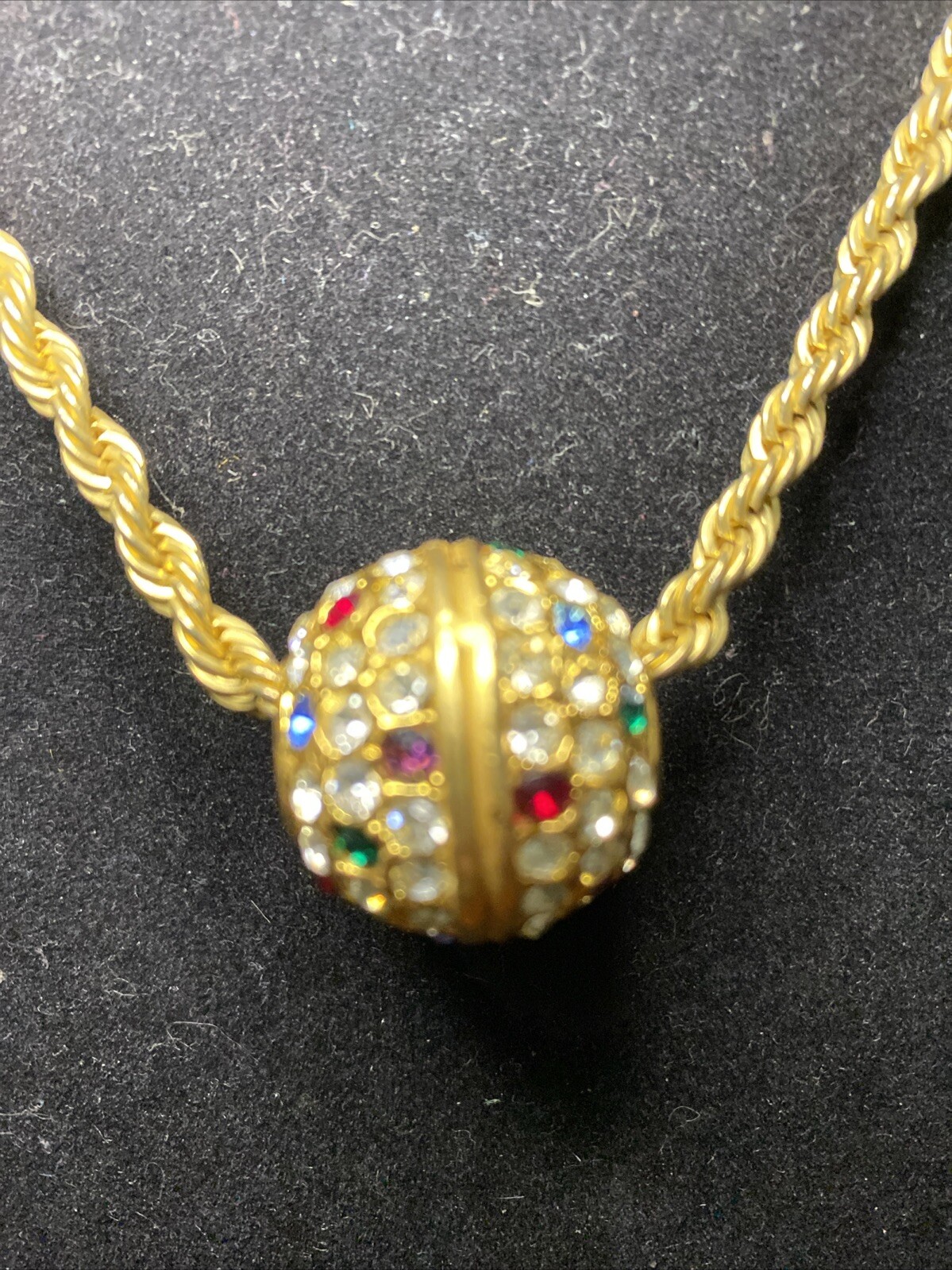 Vintage Big Gold Tone Crystal Rhinestone Ball Slide Rope Chain Necklace 28”