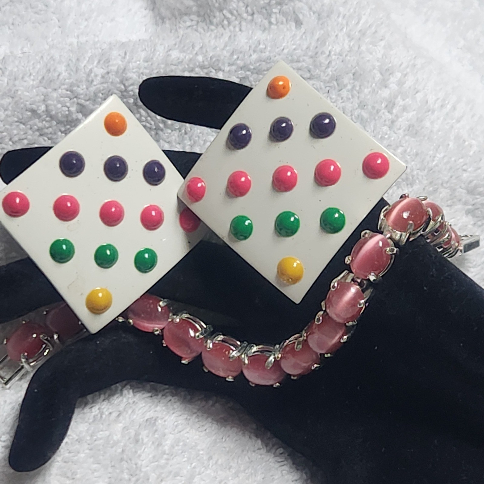 Avon Pink Cats Eye Bracelet and Vintage 80s Multi Color Dot Square Earrings lot
