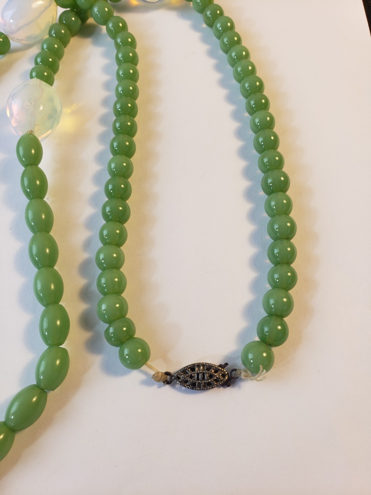 Vintage Opaline and Sage Green Glass Bead Necklace 29″