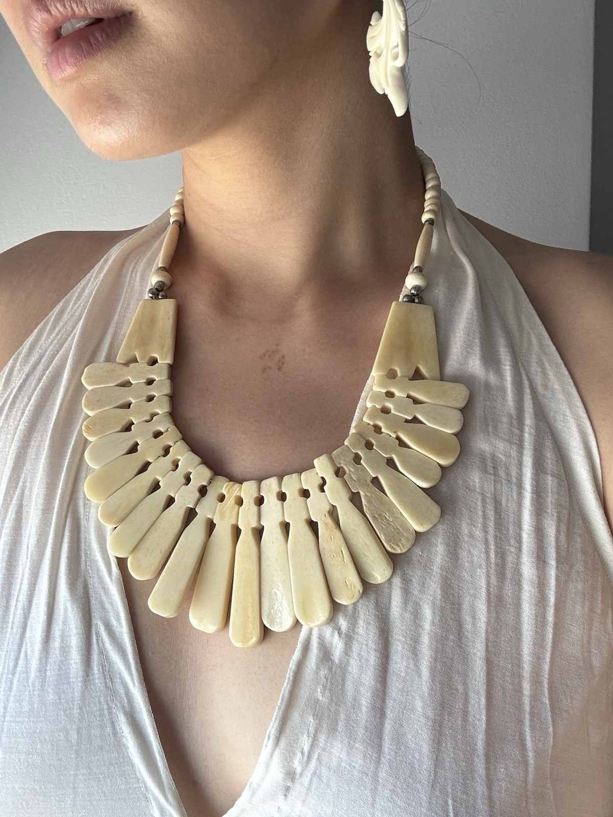 Vintage Tribal Style Carved Ivory Necklace & Earrings Set