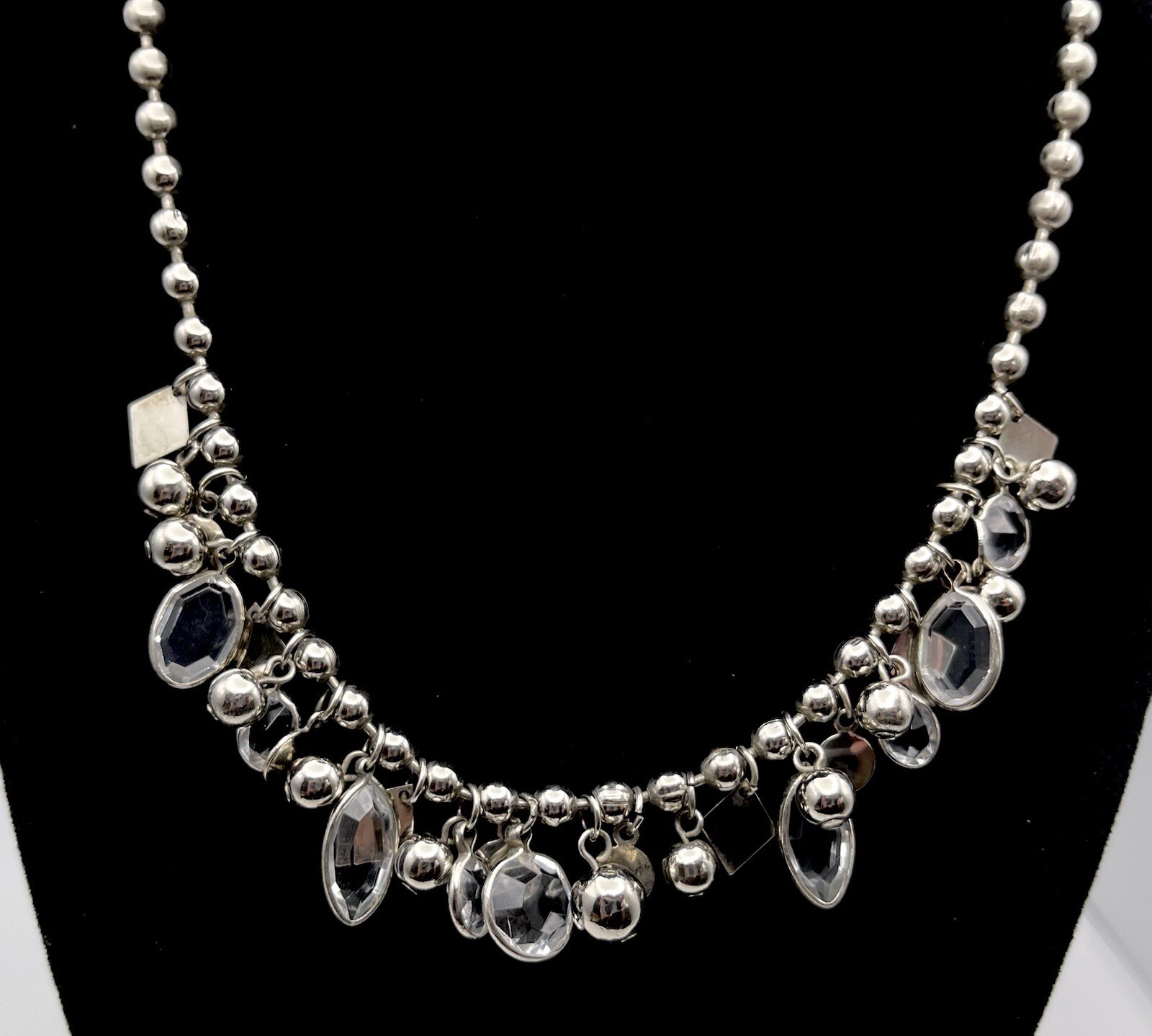 Vintage Silver Tone Ball Bearings Hanging Ball, Shapes & Crystal 16.5” Necklace
