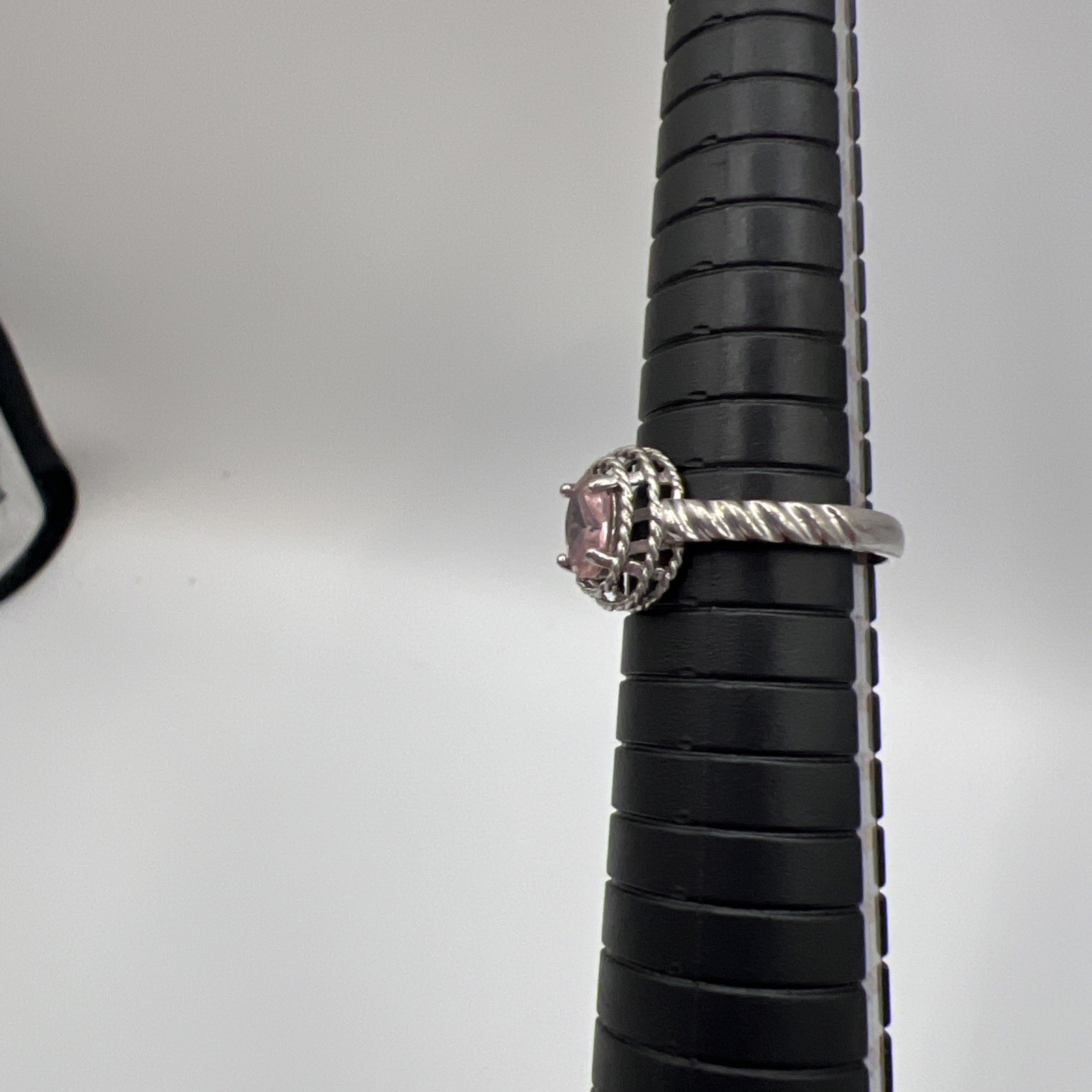 925 Sterling Silver With CZ PINK Oval Gemstone Decorative Twisted Rope Size7.5