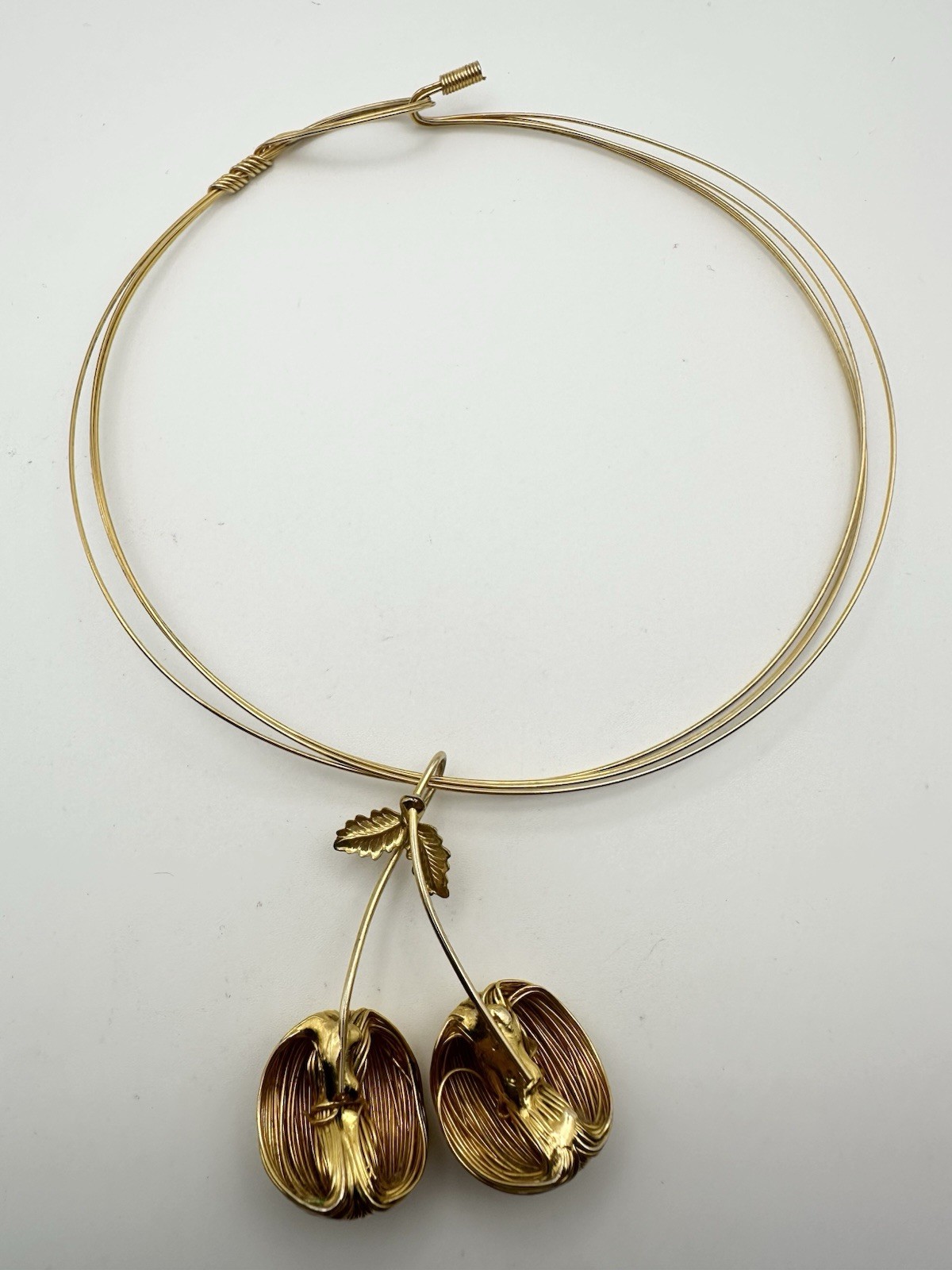 Vintage Omega Wire Cherry Pendant Collar Necklace 16” Gold Tone