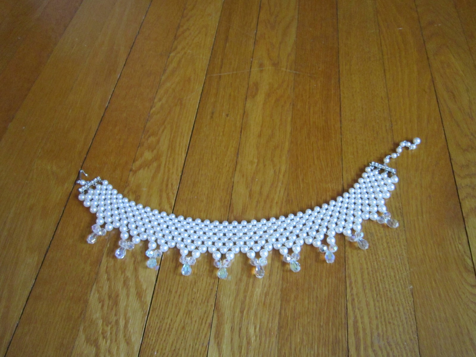 Vtg Faux Pearl Crystal Bead Choker Necklace Layered Bib Statement Wedding Retro