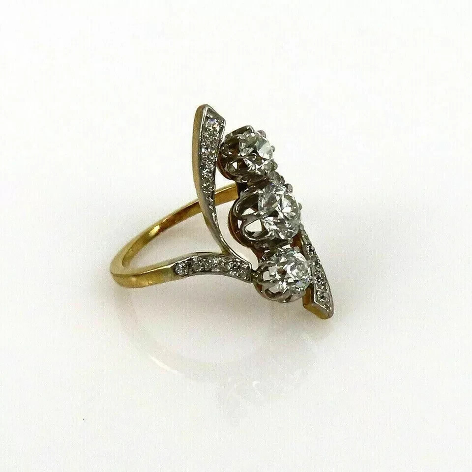 2CT Round Cut Moissanite Trilogy Vintage Engagement Rings 14K Yellow Gold Plated