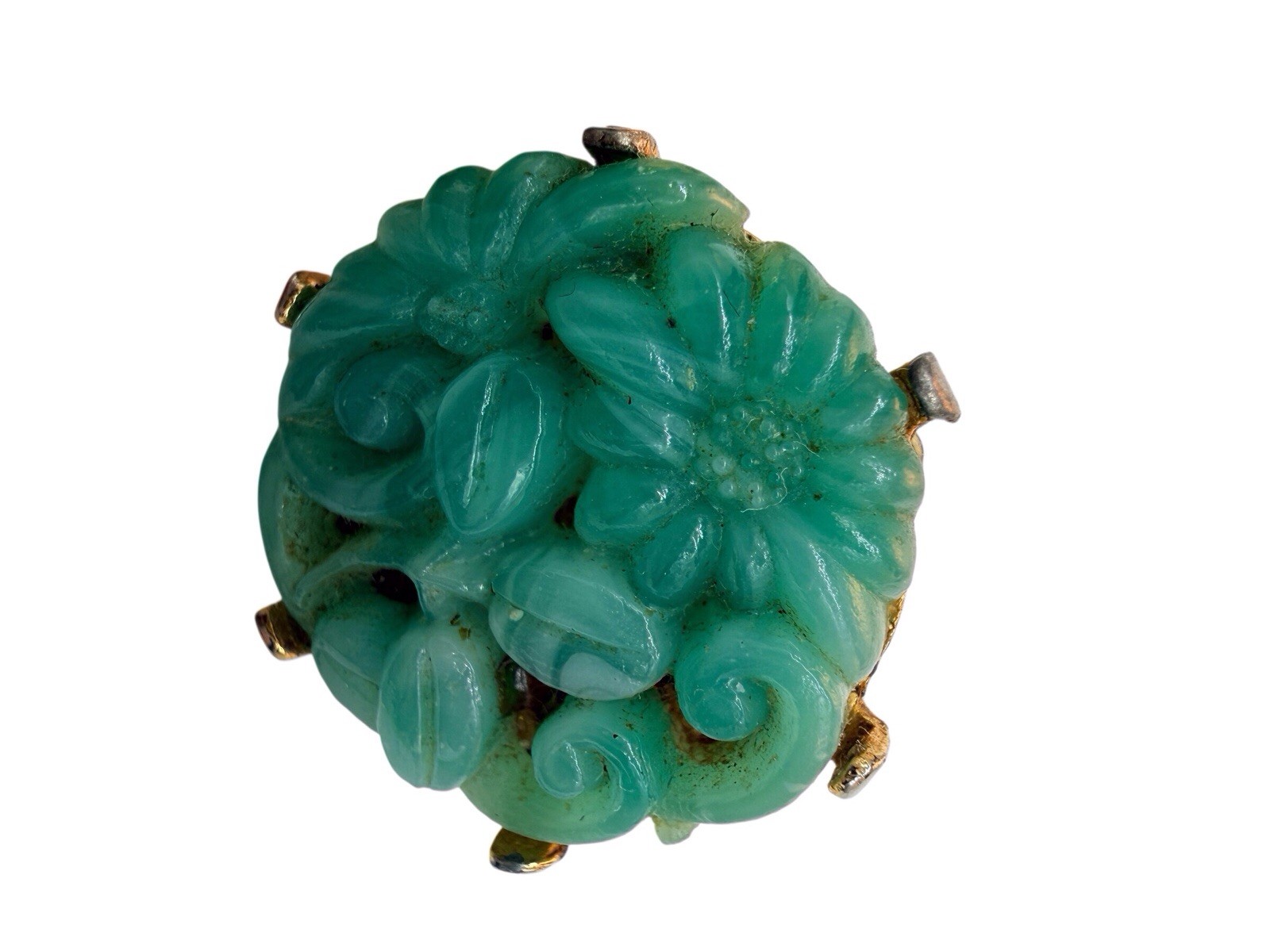Vintage Peking Glass Earrings Asian Molded Green Faux Jade Flower Floral Round 2