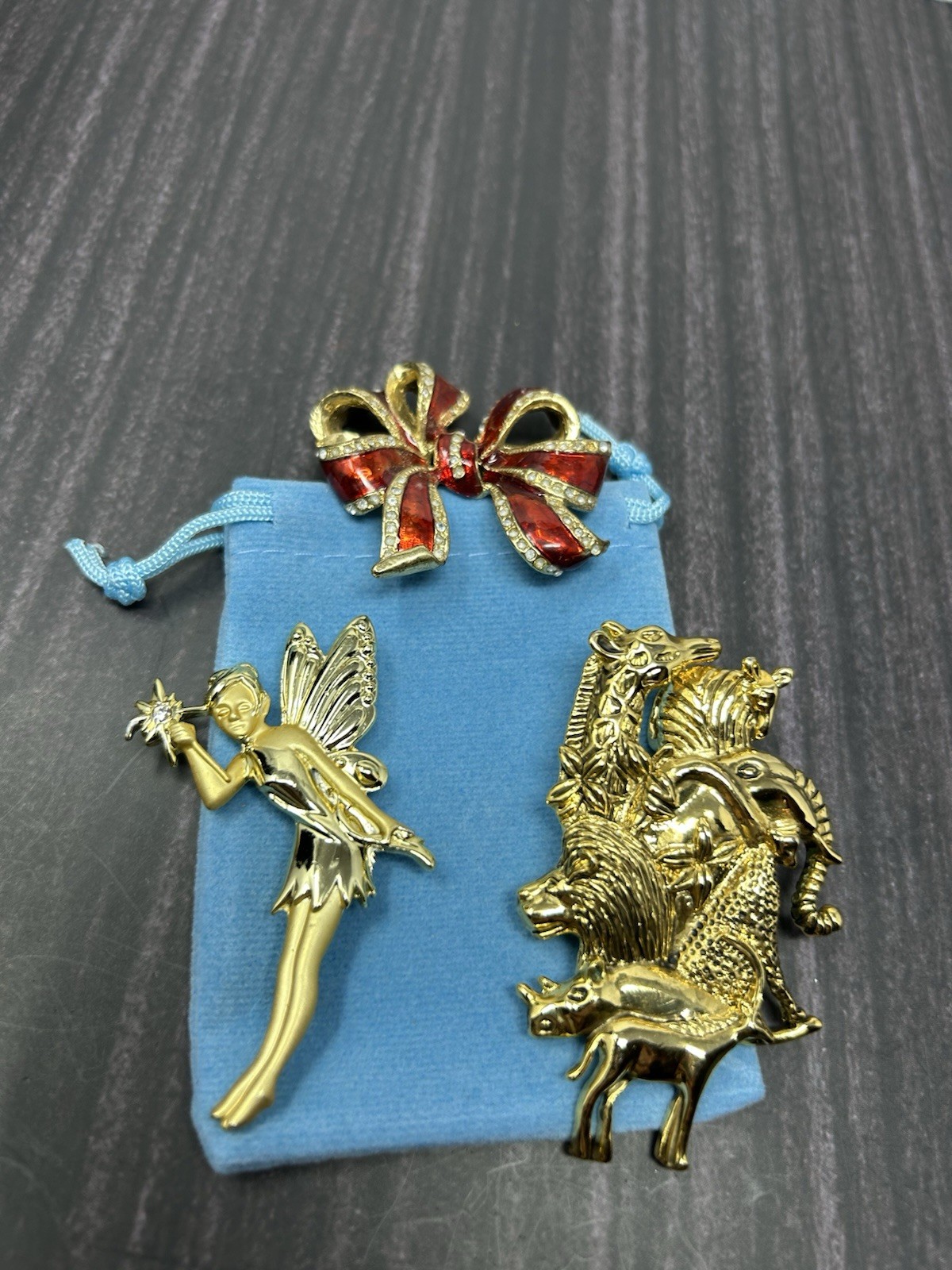 Vintage Gold Tone Brooch Lot Fairy Animals Red Bow Rhinestone Pins Costume