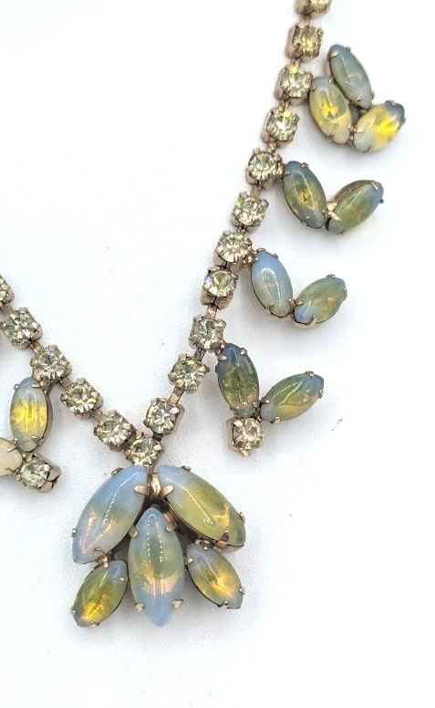 Vintage Givre Glass Necklace Rhinestone Blue Green Opalescent Prong Set