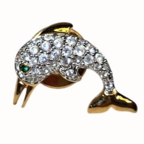 VTG Signed Swarovski Crystal Green-Eyed Dolphin Pin/Tie Tack mini brooch VERY RA