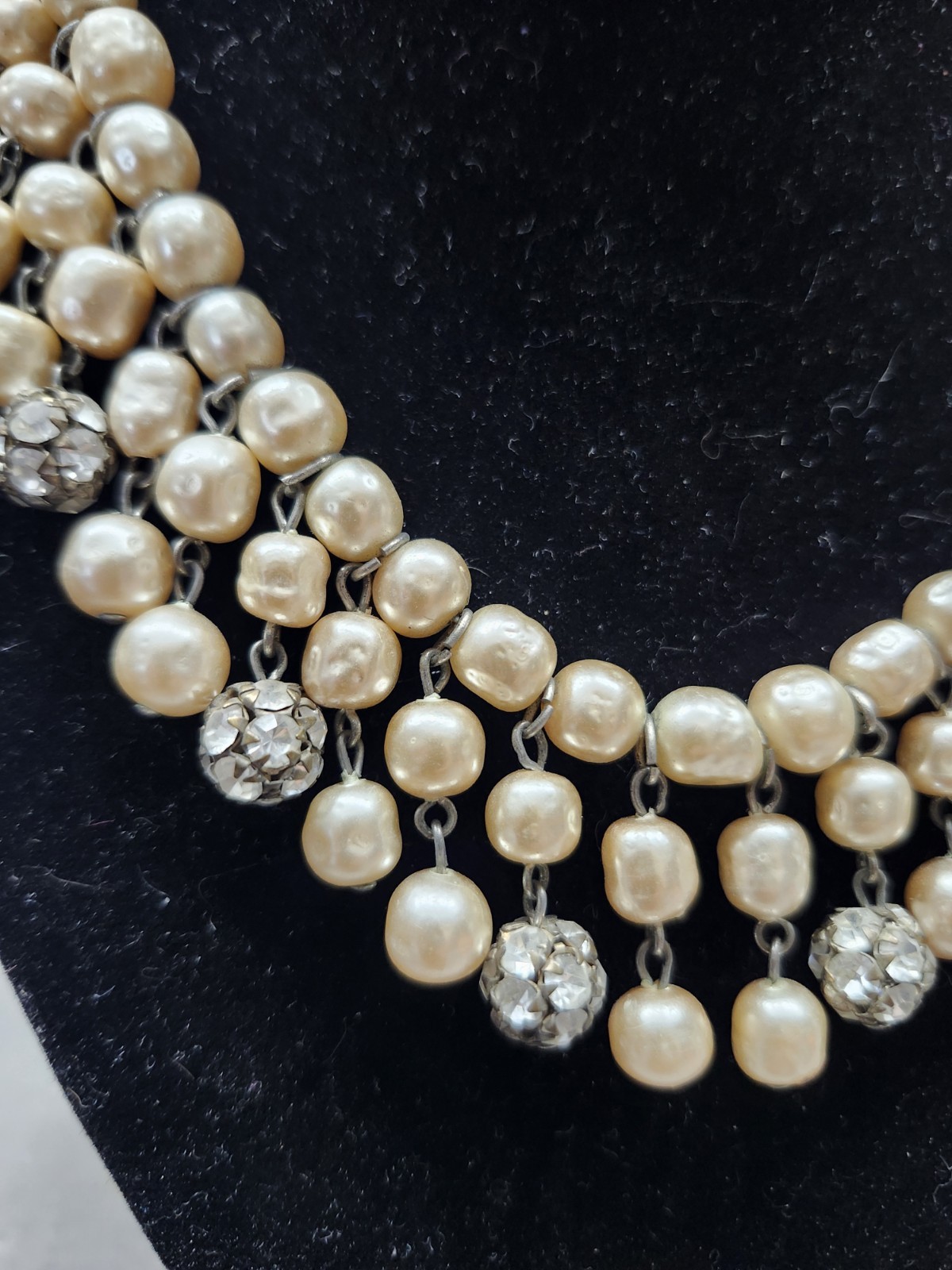 STUNNING 1950s Pearls & Rhinestone DROP Necklace & Clip Earring SET Estate WoW!