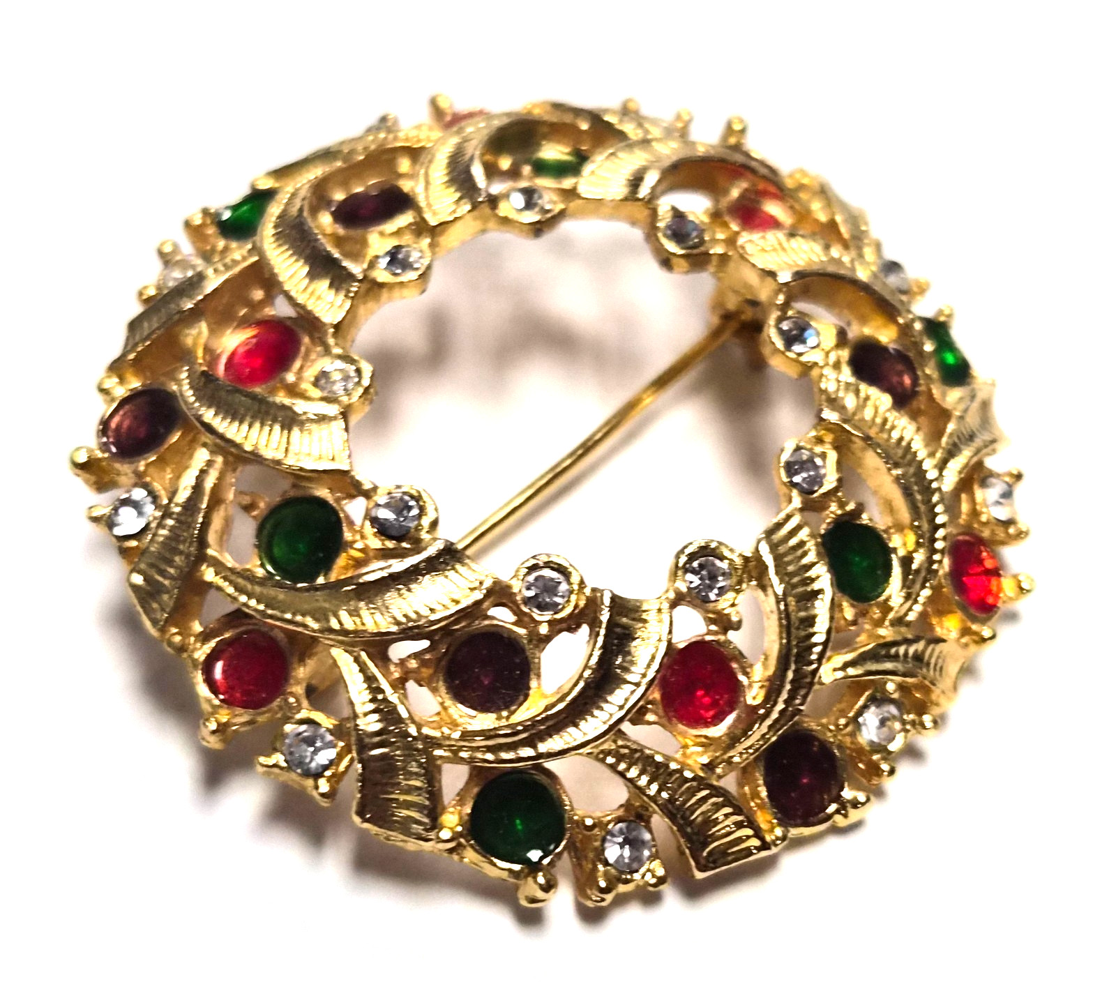 Vintage Gold Tone Rhinestone & Enamel Christmas Wreath Pin / Brooch