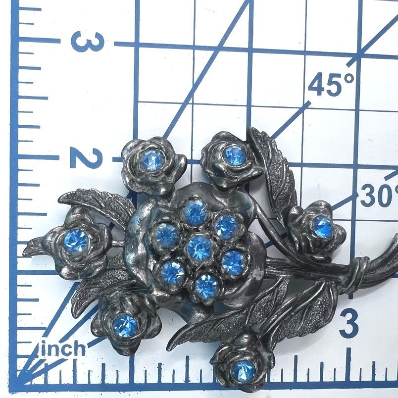 Vintage Little Nemo Large Pot Metal Brooch Blue Rhinestones Floral 3.25″ LN/25