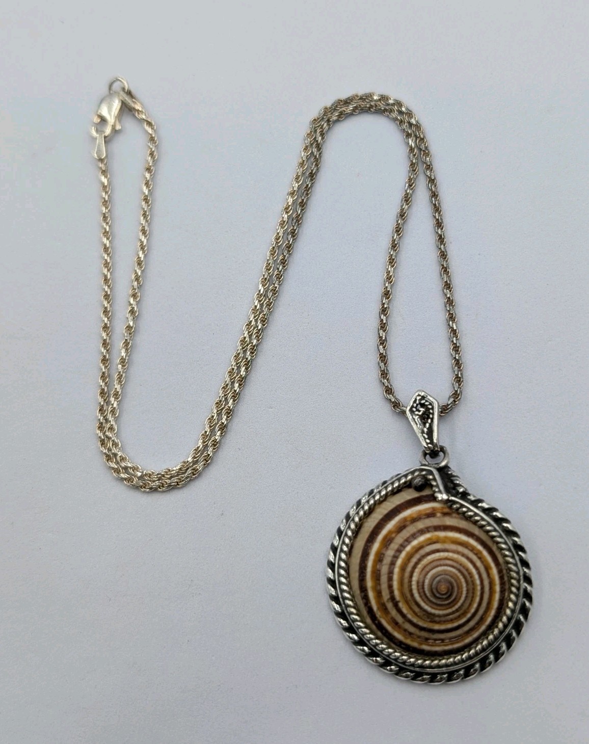 Vtg 925 Sterling Silver Sundial Seashell Pendant Necklace 18″ Italian Rope Chain