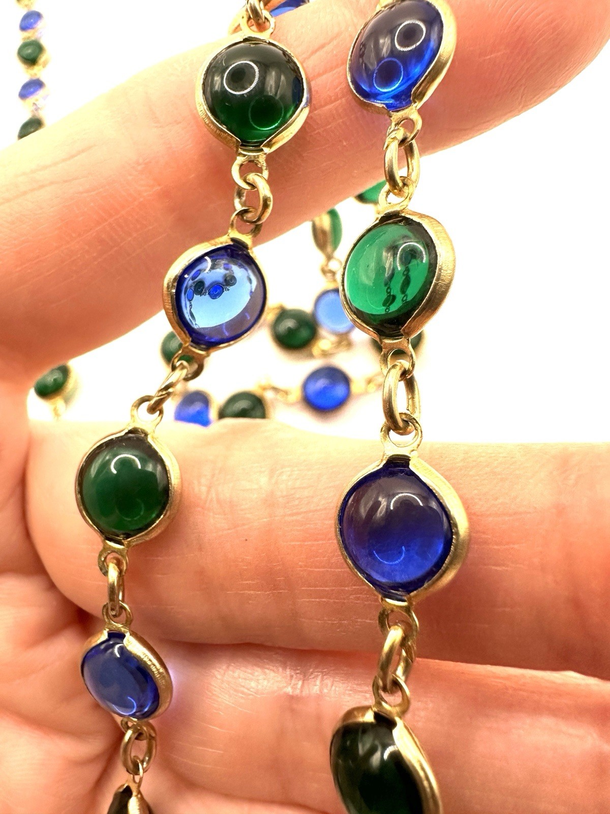 VTG Poured Glass Bezel Set Link Necklace 54”