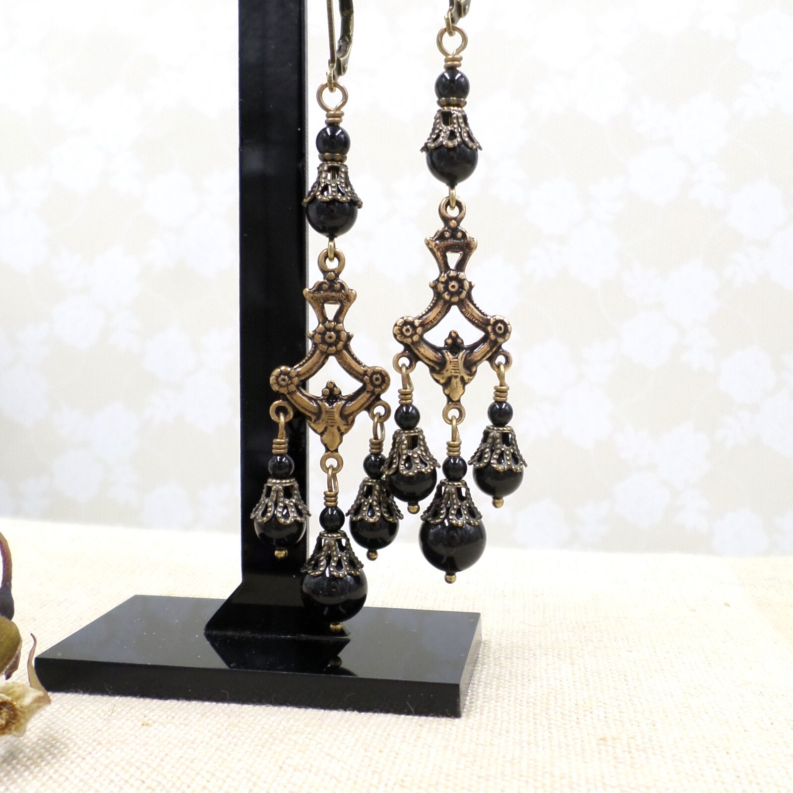 Victorian Mourning Earrings Jet Black Glass Bead Chandelier Filigree Handmade