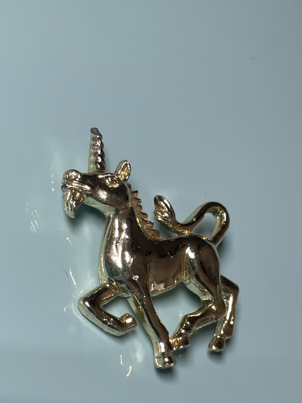 Vintage Gold Tone Unicorn Brooch Fantasy Mythical Creature Rhinestone Accent Pin