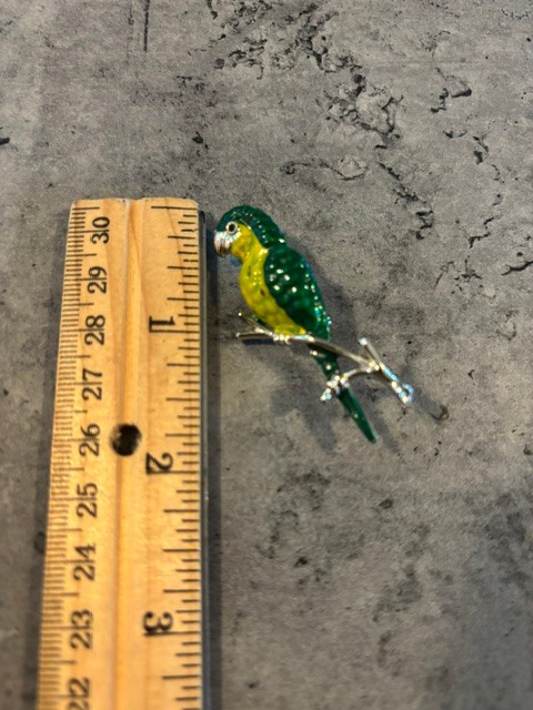 2 Vintage Green/Yellow and Blue and White Parrots On Branch Brooch