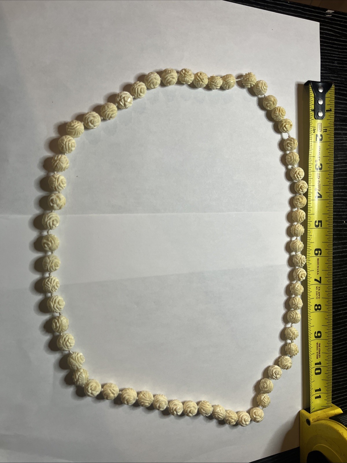 Vintage Bovine Bone Carved Necklace Cabbage Rose Design