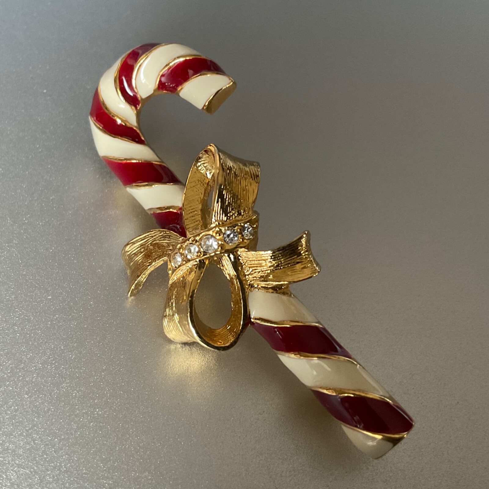 Vintage Napier Christmas Candy Cane Pin with Bow Gold Tone & Enamel