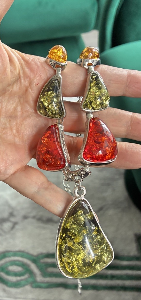 Vintage Necklace & Earrings FAUX Amber Multiple Colors With inclusions