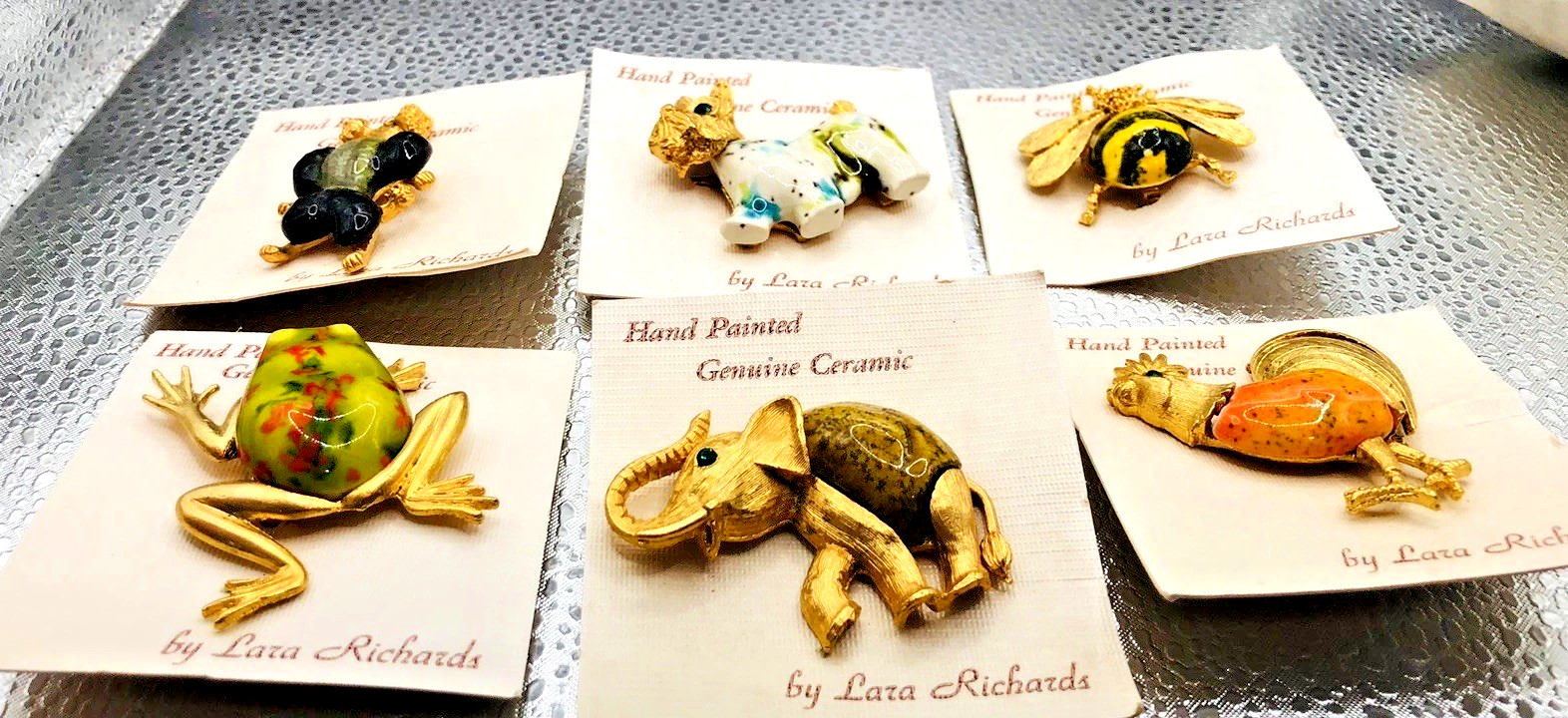 48 LARA RICHARDS Hand Painted Ceramic Creature Pins NEW OLD STOCK Original Pkg