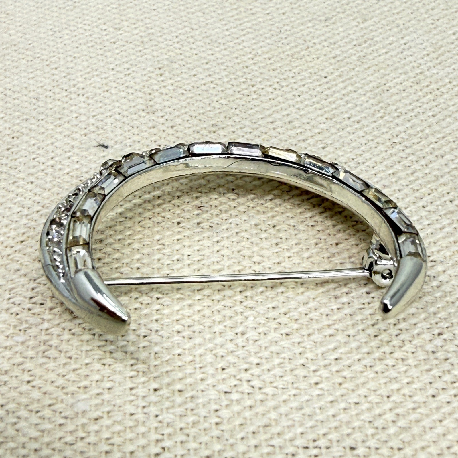 Lisner Vintage Crescent Moon Brooch Silver Tone Baguette Round Clear Rhinestone