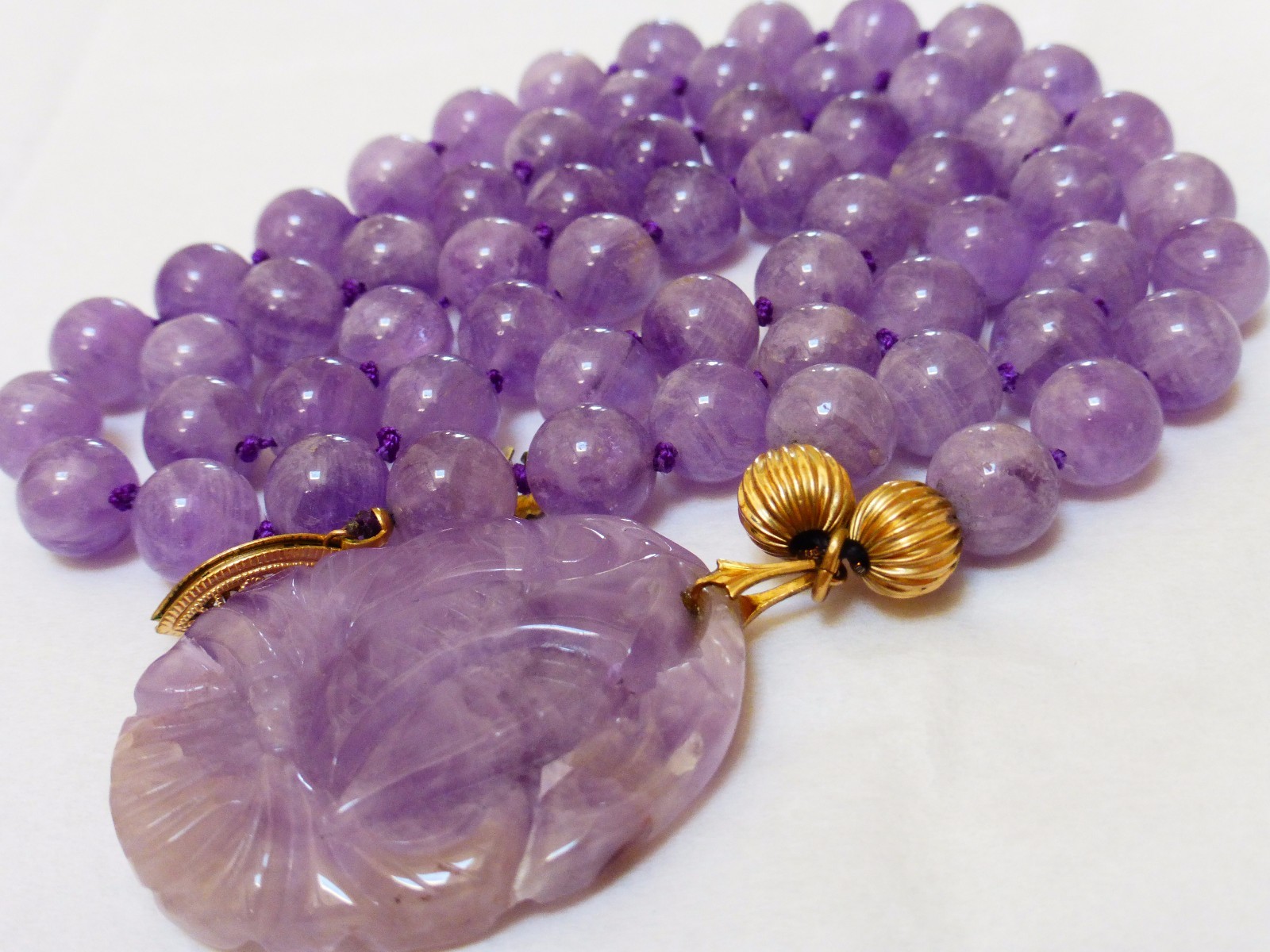 VINTAGE AMETHYST BEAD NECKLACE PENDANT 14kgf