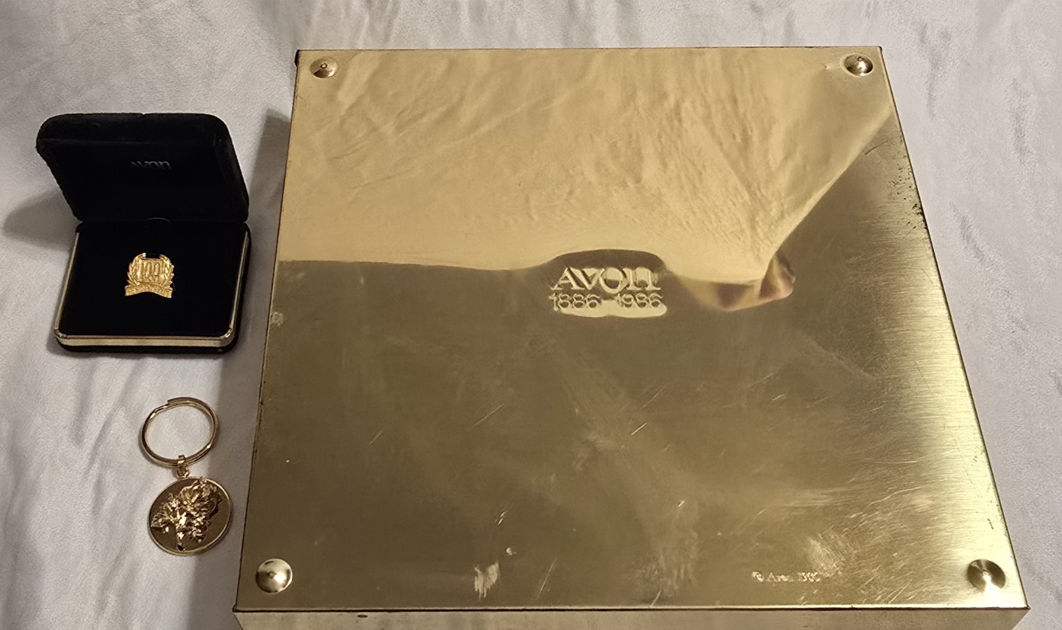 Avon 100 Year Anniversary 1986 Lot: Gold Jewelry Box, Rose Keychain, Brooch, Pin