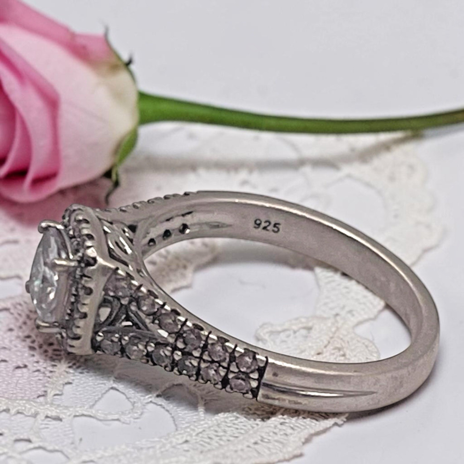 Vintage EC 925 Sterling Silver CZ Halo Accent Split Shank Ring, size 7