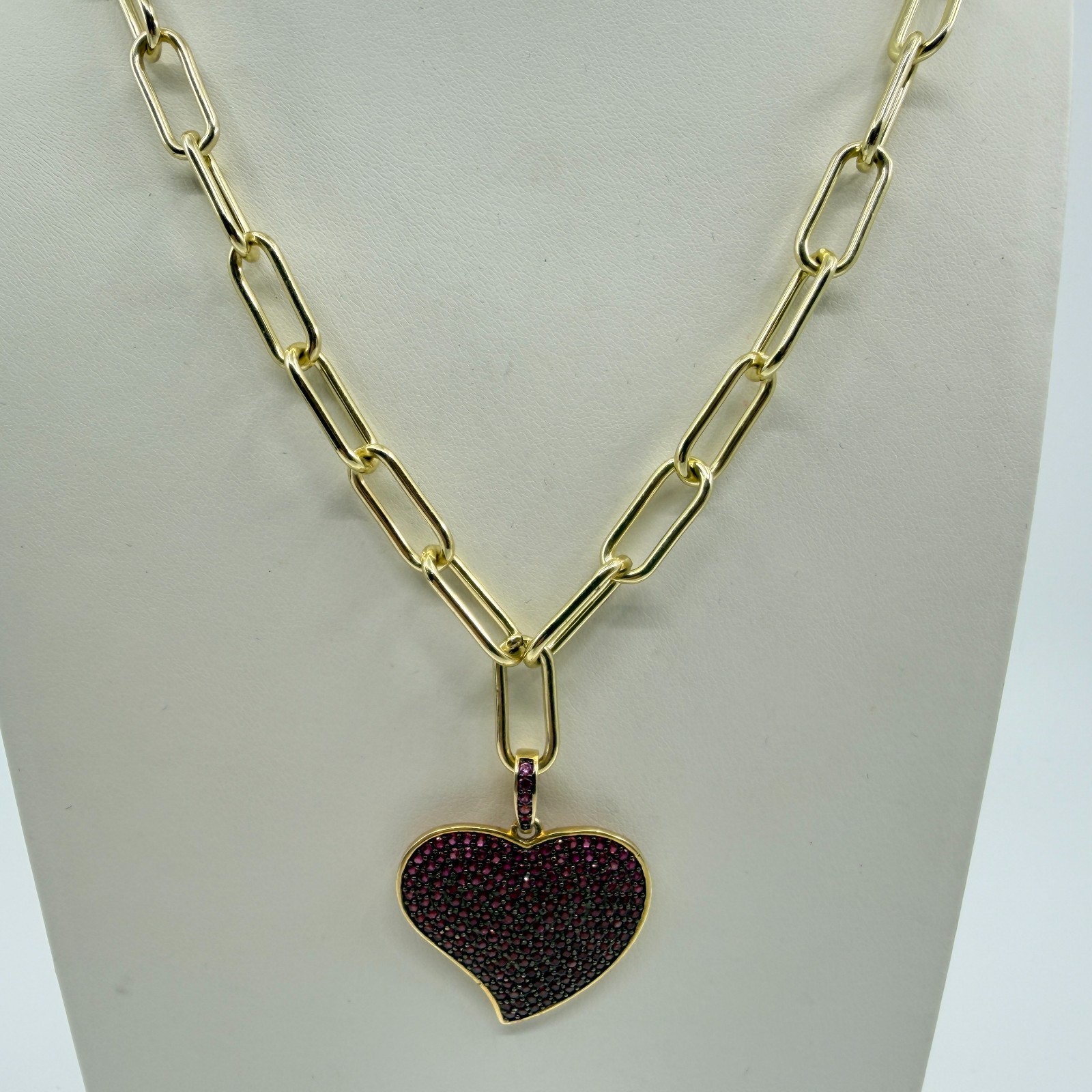 Gold Tone Red Pave Rhinestone Heart Pendant Paperclip Chain Necklace Statement