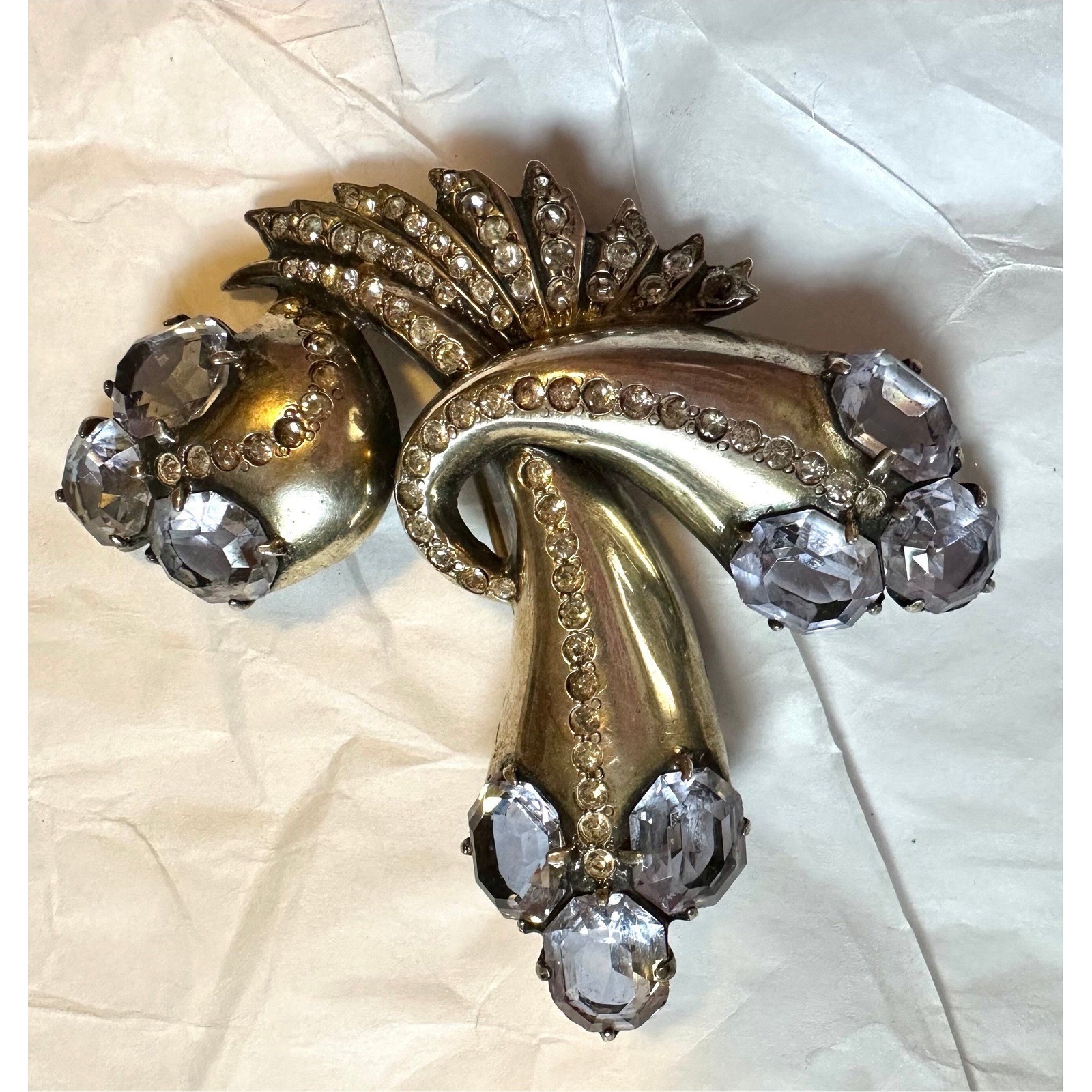 Eisenberg Original Sterling Silver Blue & Crystal Rhinestone Art Deco Clip