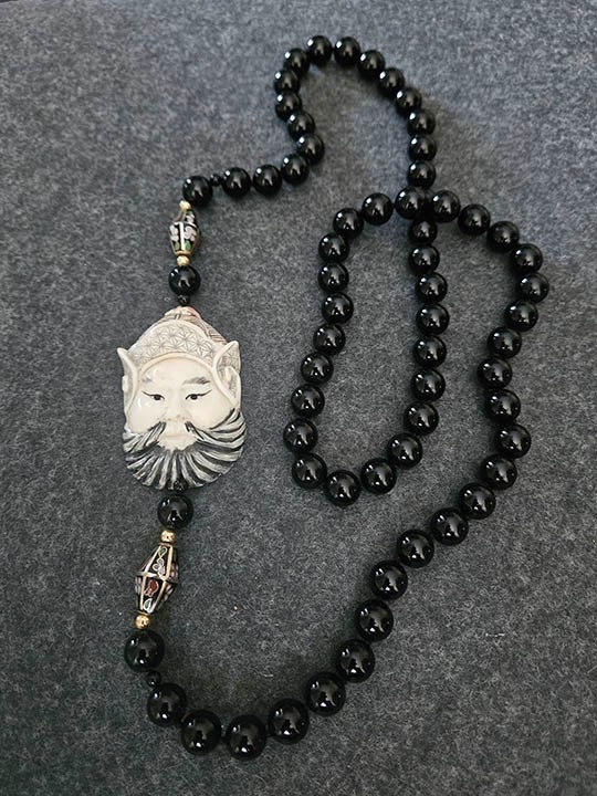 Vintage Japanese Men-Netsuke Mask Statement Necklace – Cloisonné Accents