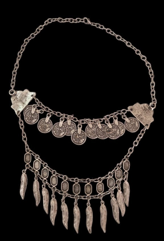 Vintage Silver Tone Boho Coin Feather Tassel Layered Necklace Gypsy Bibi Women