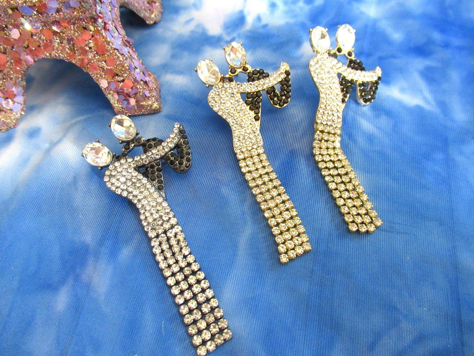 Dancing Couple Earrings & Brooch Clear & Black Glass Crystal Wedding Couple NEW