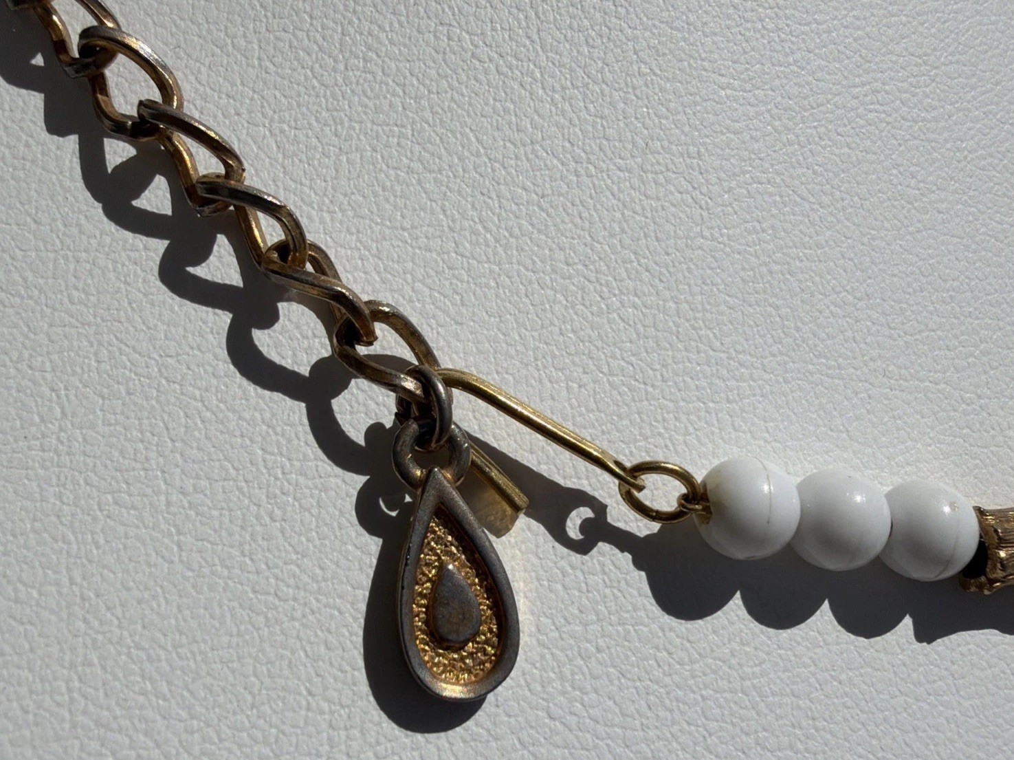 Vintage 18″ Hong Kong Goldtone Bamboo And Round White Bead Necklace Hook Clasp