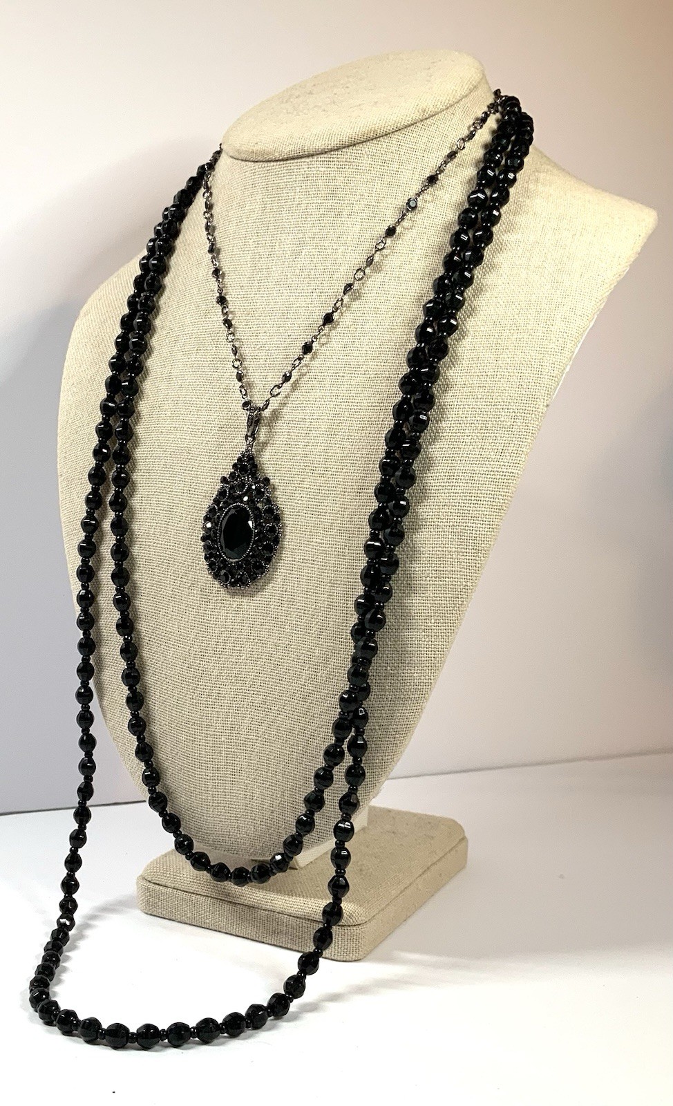 Vintage Black Faceted Beaded Necklace Duo Extra Long Beaded Strand And Pendant