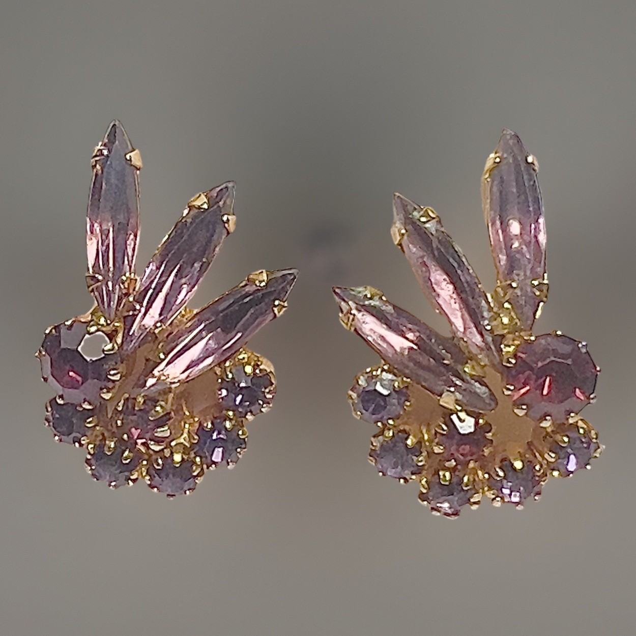 Vintage Rhinestones In Multiple Shades Of Purple Clip On Gold Tone Earrings