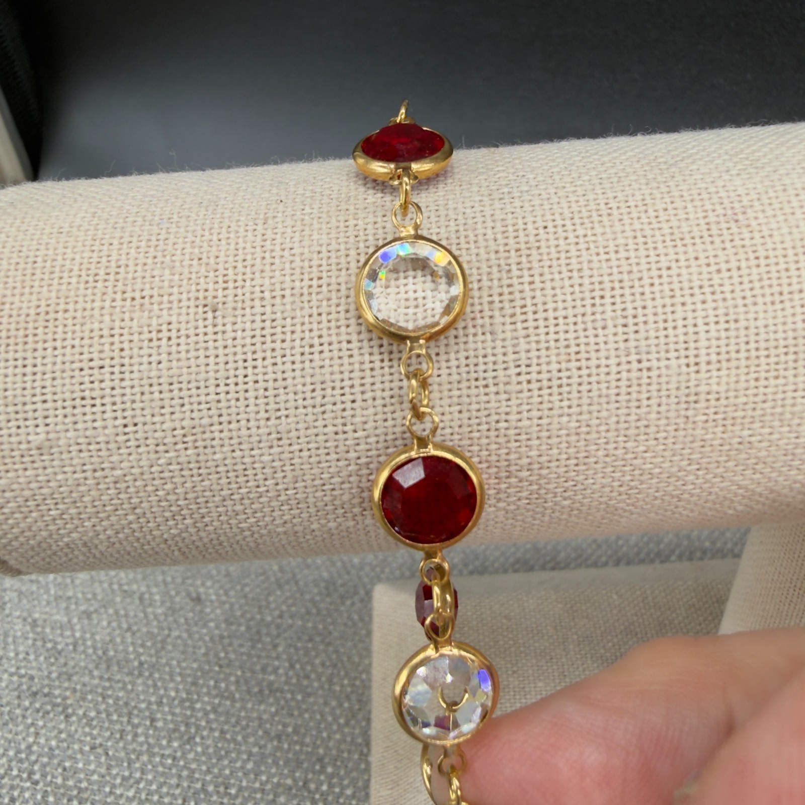 Vintage Necklace 34 Inch Bracelet Size 6.5 Red Clear Open Bezel Crystals
