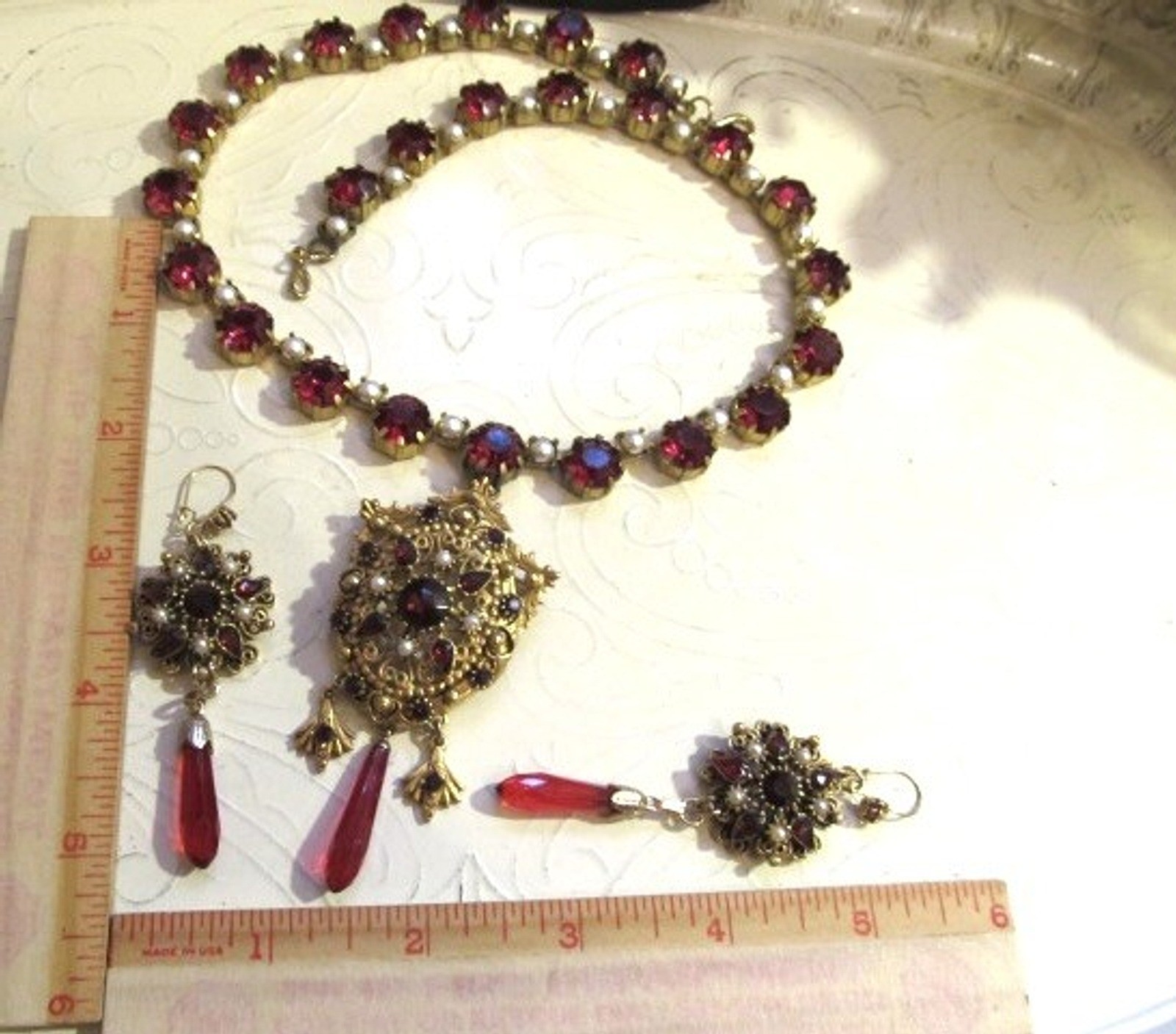 VtG FLORENZA Faux Garnets & Pearl Necklace Pin/Pendant and Bracelet SET Restored