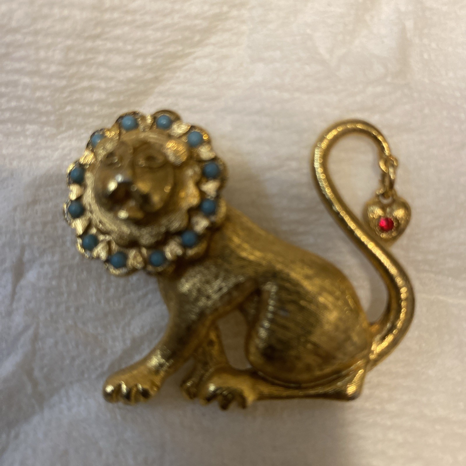 Vtg Lion Faux Turquoise Mane Red Dangle Heart Red Stone Brooch Pin See Pictures