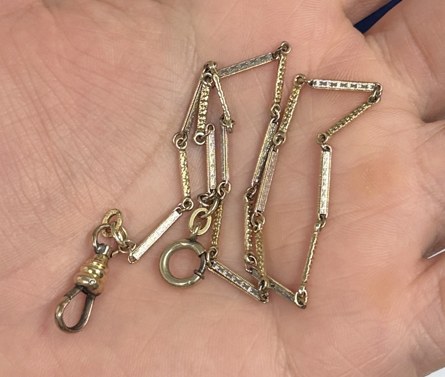 4.7g 2 Tone Gold Filled Fob Detail Bar link 13.5” 2.4mm victorian Gf Watch Chain