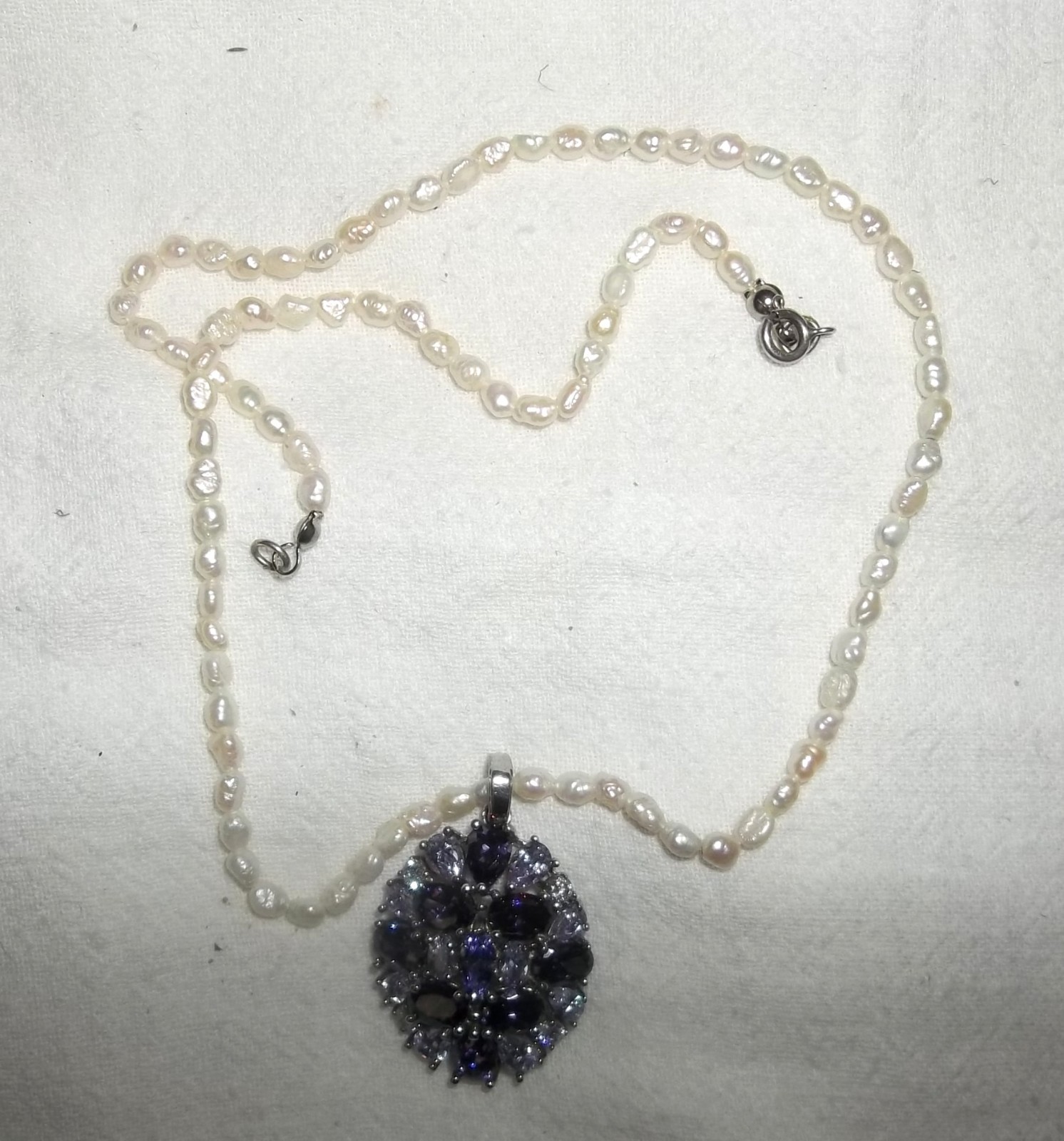 Sterling Silver PENDANT PURPLE LAVENDER RHINESTONES Lovely Faux Pearl NECKLACE