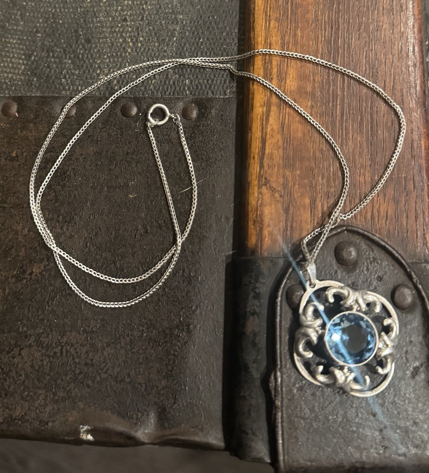RARE Antique 835 Silver Pendant Large Blue Cut Stone & 835 Necklace Art Nouveau