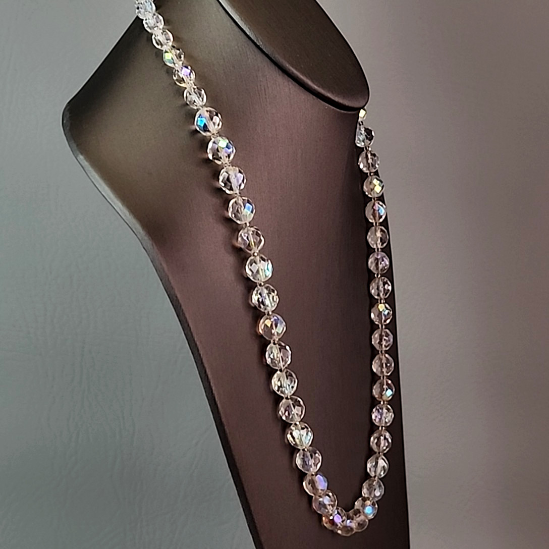 Vintage AB Glass Beaded Necklace Round Faceted Aurora Borealis 24″