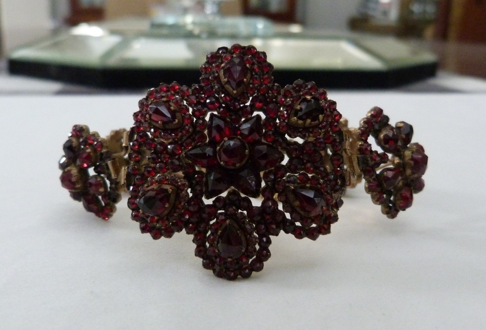 1 5/8″ WIDE ANTIQUE VINTAGE BOHEMIAN GARNET GOLD GILT STERLING SILVER BRACELET